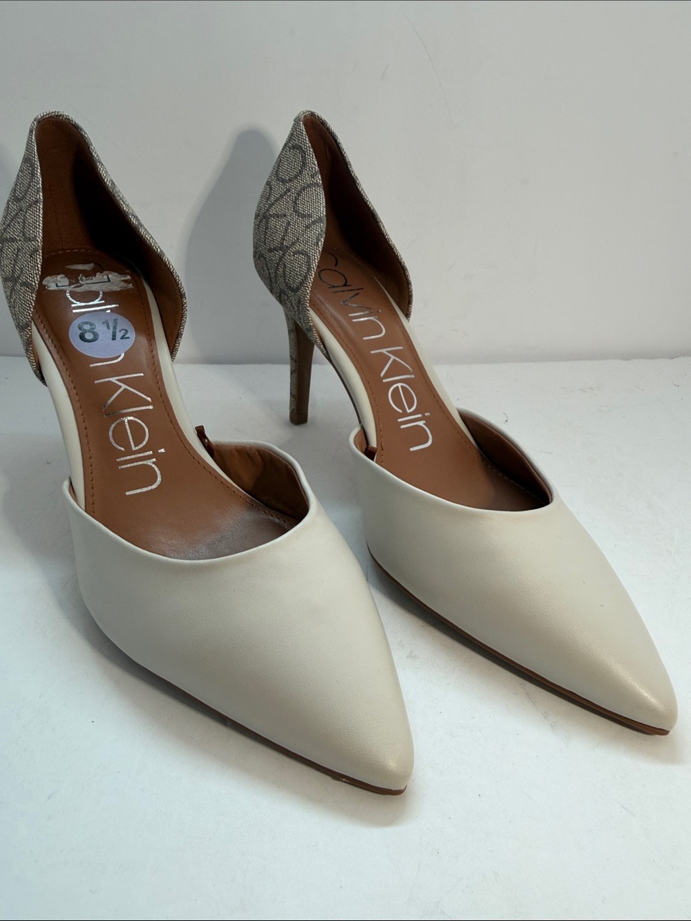 Calvin Klein Cream D'Orsay Pointed-Toe Pumps with Monogram Heel